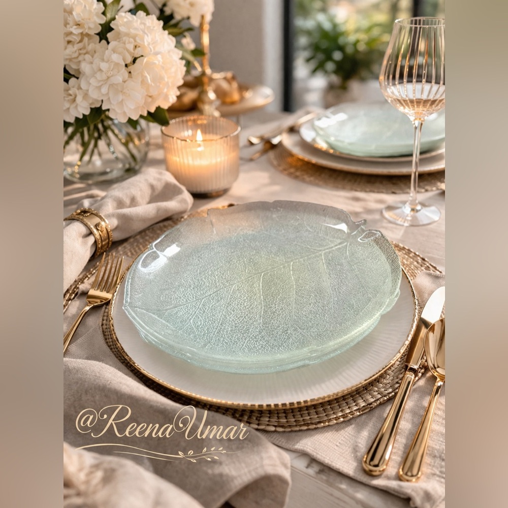 9” Aspen Leaf Arcoroc Teal Glass Dish Plates – Set of 12